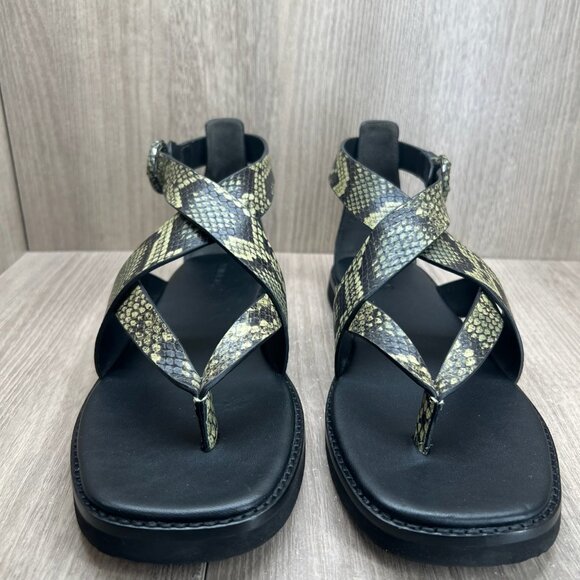 Vince Morris Strappy Flat Sandals 10M Snake Skin Ankle Strap Leather Green Black - Picture 5 of 14